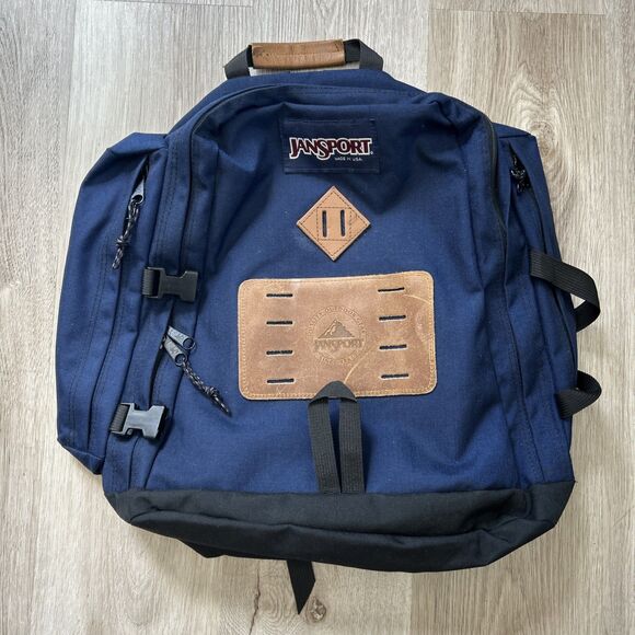 Jansport Right Pack BackPack Blue Hiking Outdoor Leather Patch Shoulder Bag - Picture 1 of 7